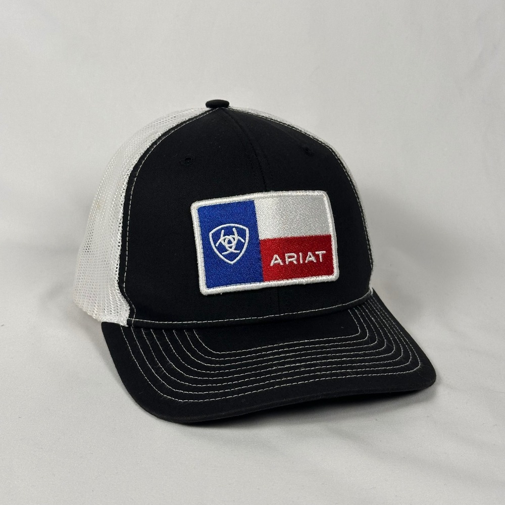 Ariat Texas Flag Trucker Hat Mens OSFA Black White Oil Derrick Richardson 112